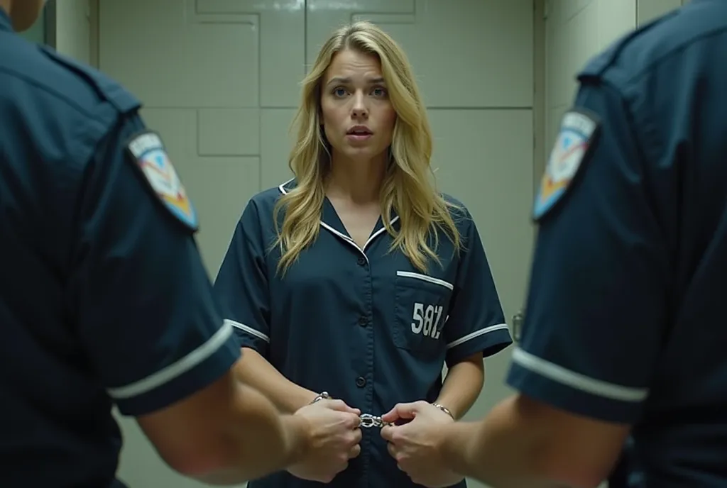 Body cam footage of a jail guard handcuffing a stunning blonde prison inmate behind her back . She is wearing a baggy button fronted navy blue short cuffed sleeved smock dress with white trim and '5802' printed on the left side of the dress.  She has a sho...