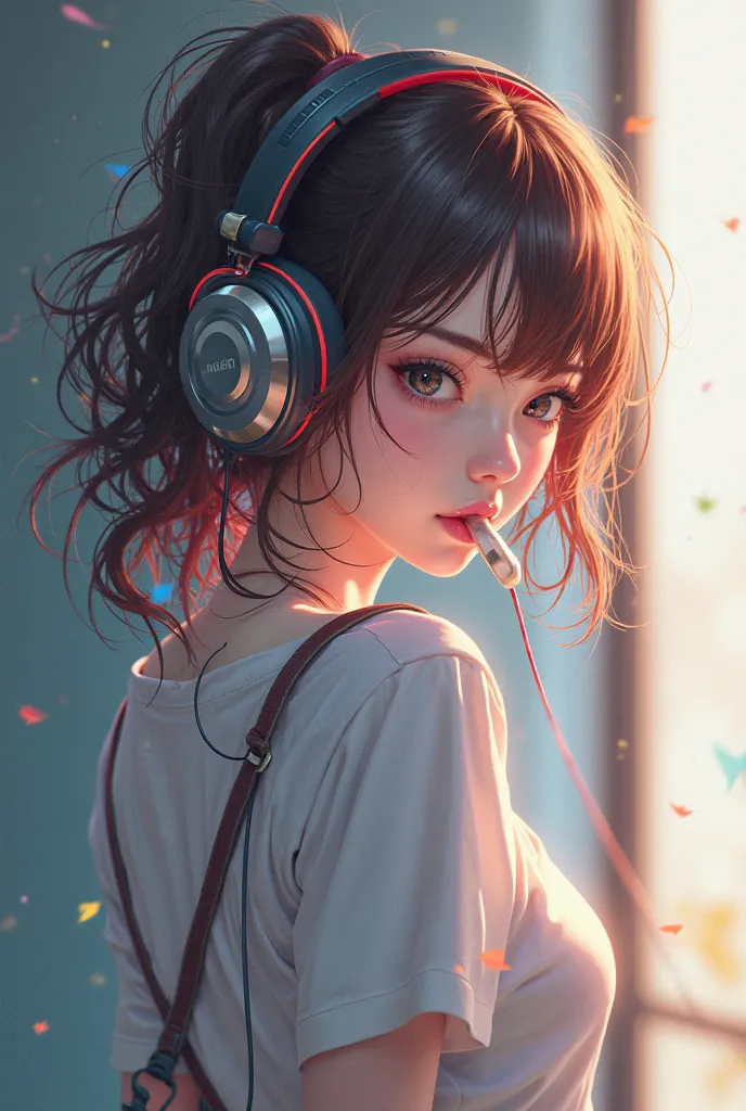 cool anime girl with headphones and gum looking back 