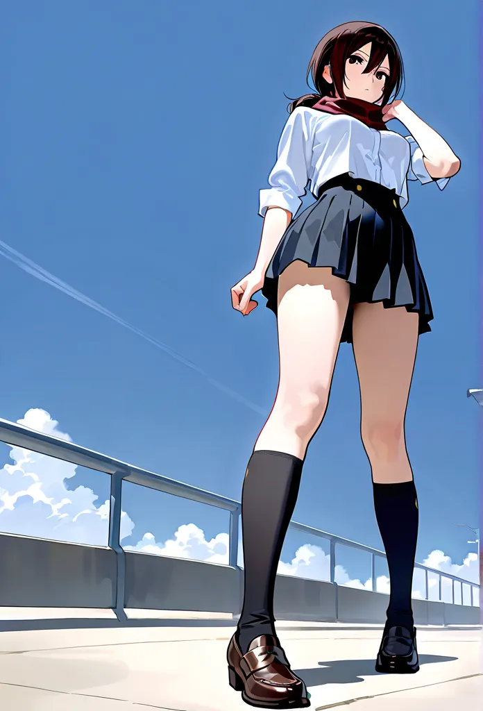 1 girl　Mikasa Ackerman　ponytail　school uniform　miniskirt　cute pose　full body view　low angle　anime