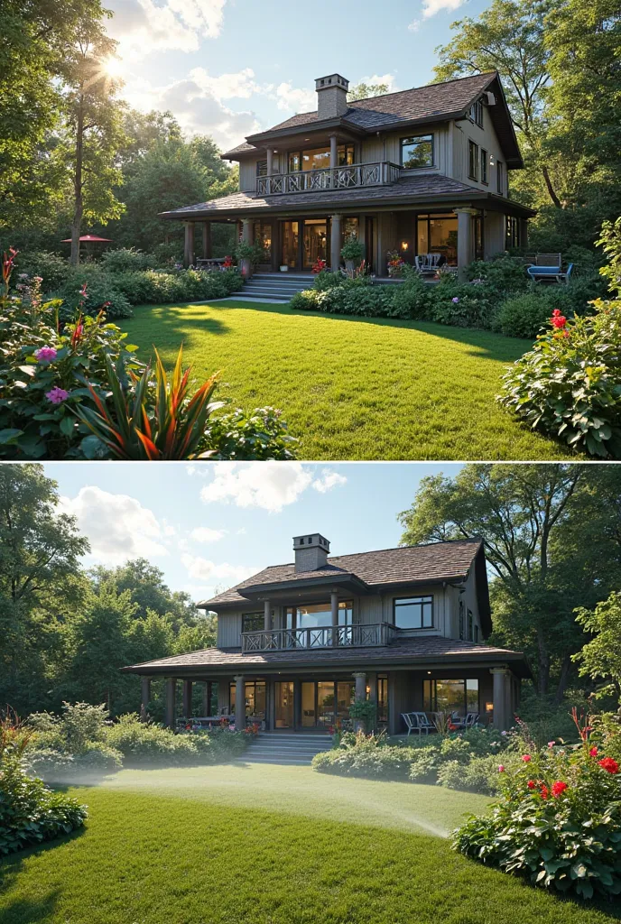 create a realistic image before and after.  before , a garden with a sophisticated house in the background and the garden with dry plants and grass. In the image after, the garden must be green, flowery and an irrigation system watering the garden