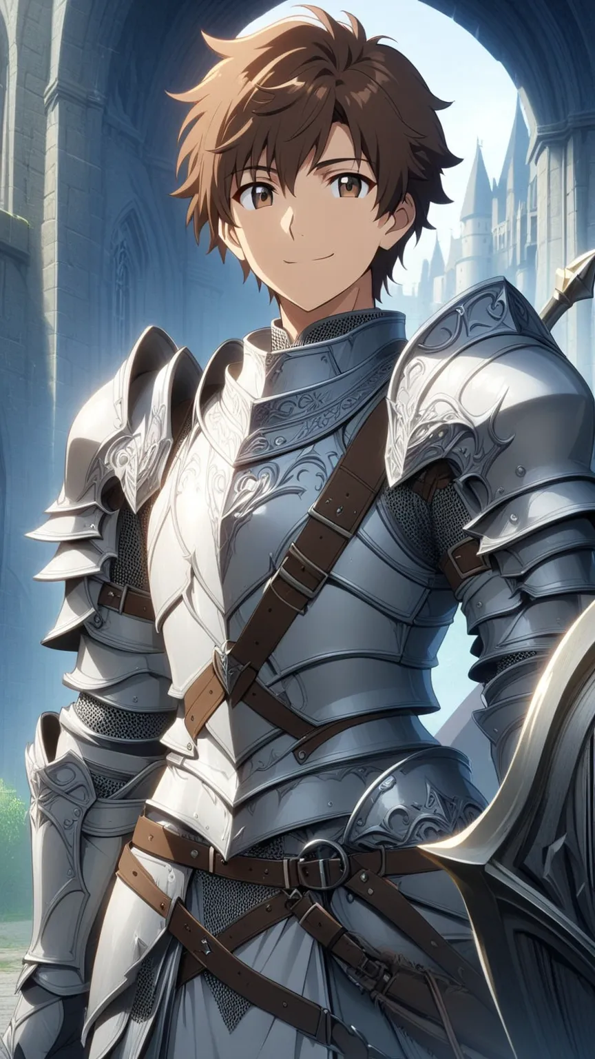 1Man，alone，   male focus   ，   Brown hair   ，  Tall Figure ， Finger Gloves   ，Silver &  White Armor ，Brown eyes，Upper body，Smile，Castle Background，Medieval Knight, anime style