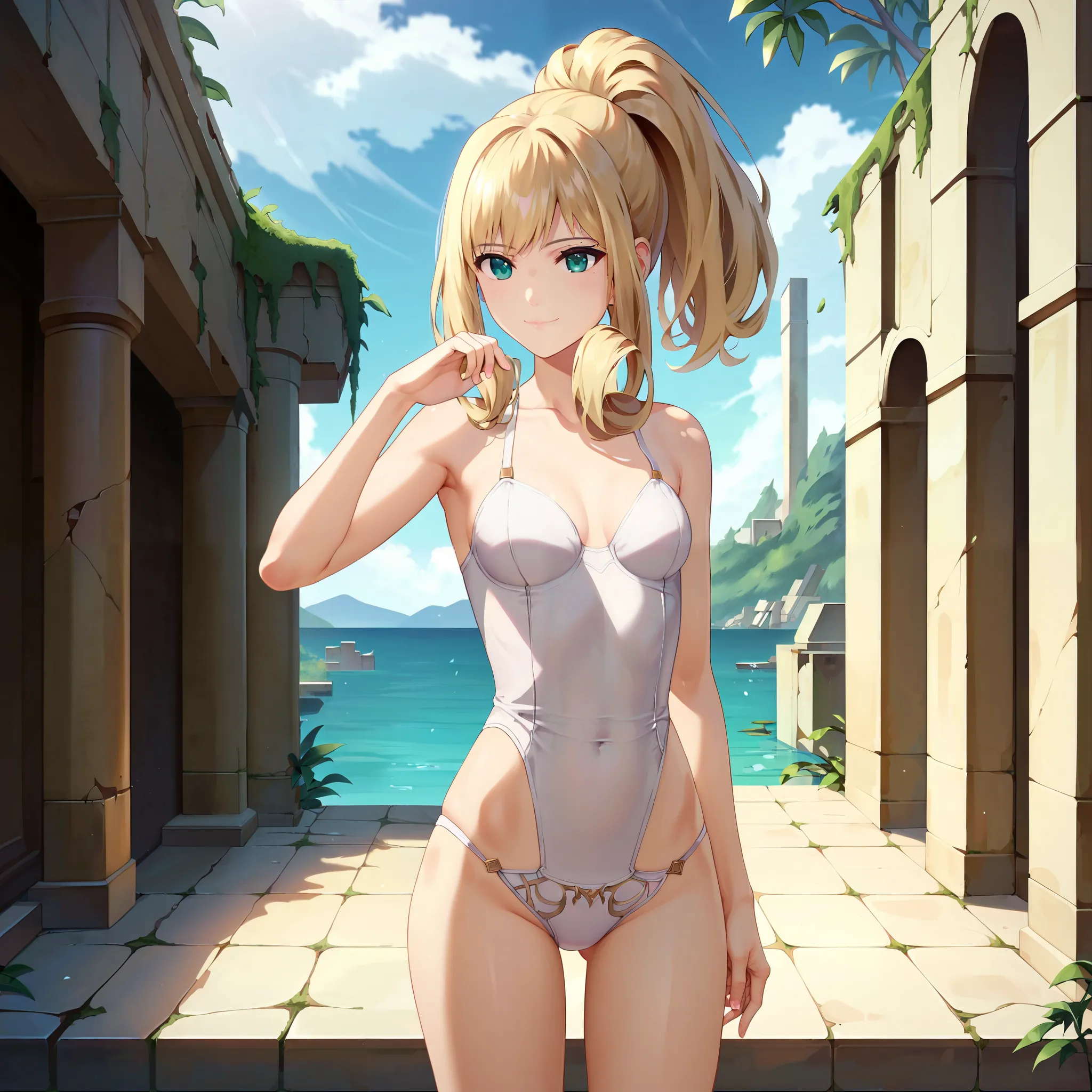 score_9, score_8_up, score_7_up, 1girl, solo,  ,, melia antiqua,ahort hair, teal eyes, ruins and water background ,blonde hair,golden hair,perfect hair,glossy hair,smooth hair,shiny hair,,detailed hair,cowboy shot,slim body,small breast,young face,delicate...