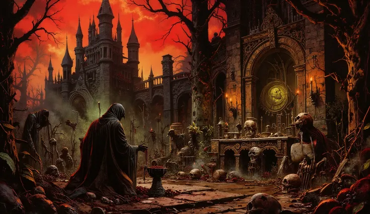 A dark fantasy medieval illustration depicting a cursed coffee plantation entwined with the sinister process of black beer brewing. The twisted coffee plants resemble skeletal limbs, their gnarled roots gripping the earth like bony fingers. The leaves are ...