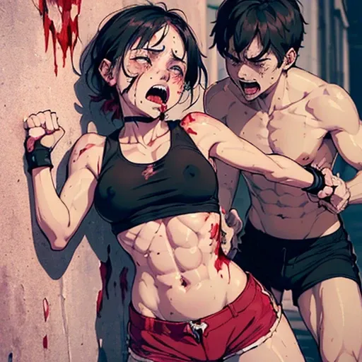 (((((a cute crying and screaming bloody girl fighter is being beaten to a pulp by a man in the backstreet))))). (((A man is punching into a cute girl fighter's belly from her front))). (((((his fist is digging into her belly))))). (((One of a girl fighter'...