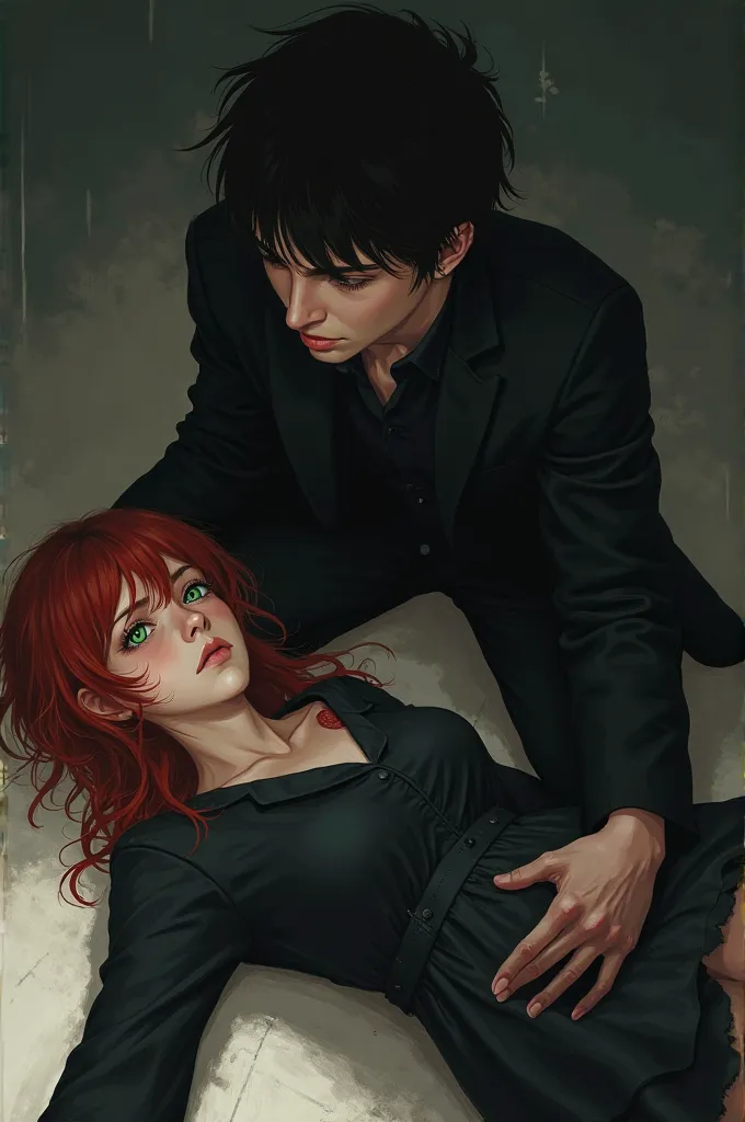 A fair-skinned, green-eyed, red-haired girl dressed in black lying on the floor with a wound on her stomach plus a black-haired boy kneeling next to her, literary figure 