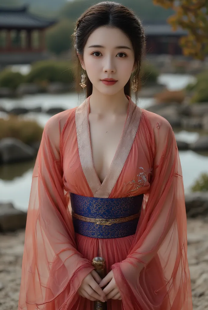  16k、 color photo 、( full body photo:1.3)、Sky from below、(( lean forward:1.3)),18 years old、Fighting with a wooden sword Beautiful young girl、 toned thighs 、((  A sexy yukata with loose chest and cuffs  :1.5、 Her shirt's shoulder straps fall off and hangs ...