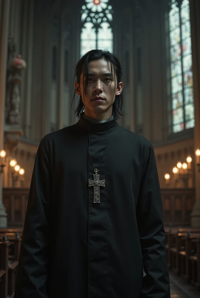 A tall, slender priest with raven-black hair, a few loose strands falling over his pale forehead. He has sharp, angular features, high cheekbones, a defined jawline, and deep-set storm-gray eyes. He wears an elegant black cassock that fits his lean frame, ...