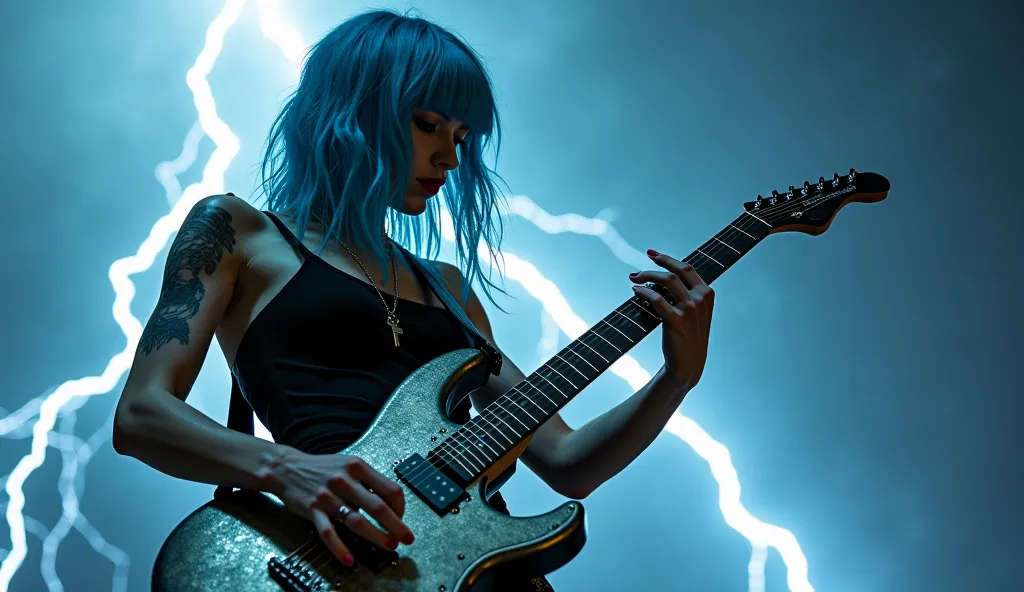 Hyper-realistic scene: Her skin shows pores and sweat, intense eyes. A beautiful white gothic rocker woman with blue hair, 1.90 meters tall, long defined legs, wearing a short black latex skirt and a black top, plays an epic heavy metal solo on a silver gu...