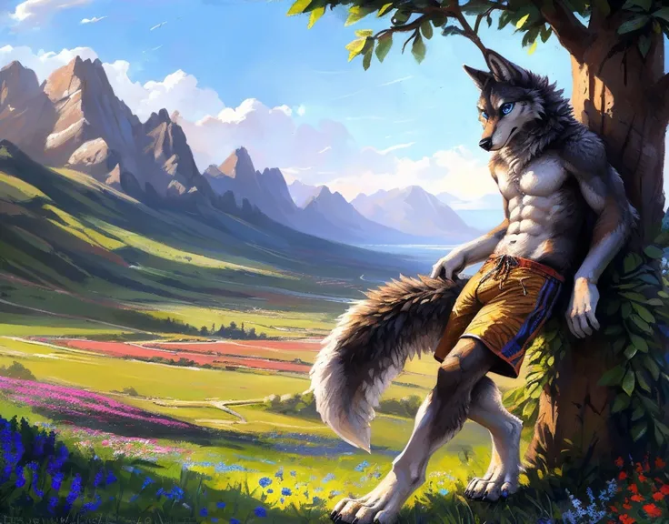 ((Solo)), male people, anthro wolf, (Multi-colored fur, White-brown:1.3，White tail pointed), (Height 2.1m,Tail length 1.2m), ((Wolf face, Big eyes, White eyelids, Blue pupil, Slim:1.2) (Tough, Calm expression:1.2)), Abs, Slim, pinging)), (Correct anatomy),...