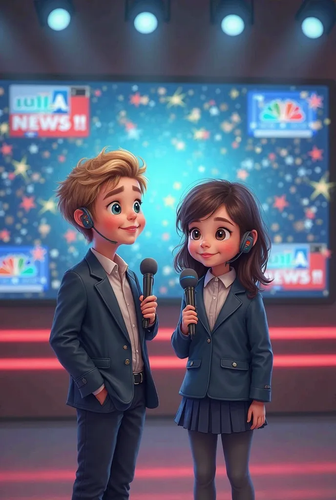 an image showing a boy and a girl between 7 and  as a television news reporter, In the background say newscast