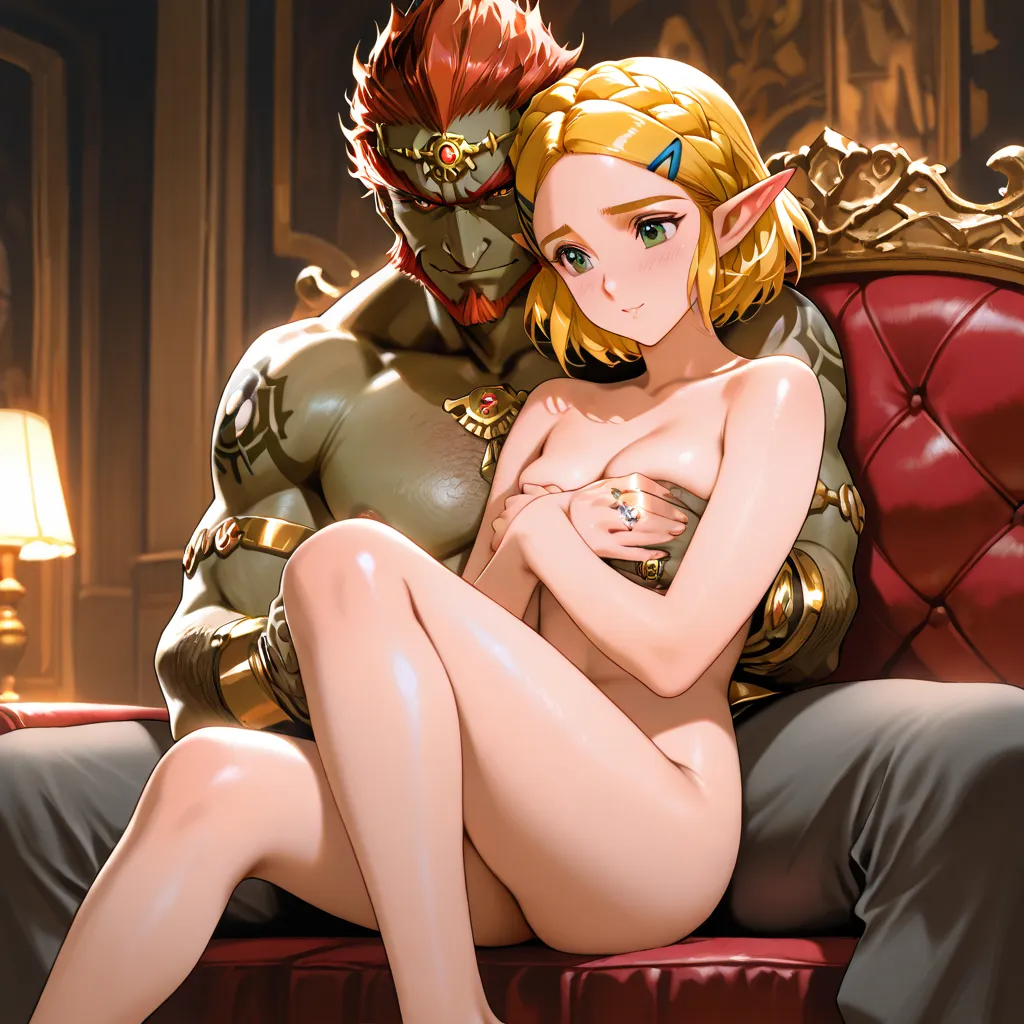 ((top quality)), ((masterpiece)), (details), （perfect face）、The blonde Princess Zelda, who has excellent proportions, is the queen of the Gerd tribe and is Ganondorf's wife, a married couple who are naked and smiling gently, sitting on a luxurious sofa in ...