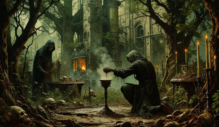A dark fantasy medieval illustration depicting a cursed coffee plantation entwined with the sinister process of black beer brewing. The twisted coffee plants resemble skeletal limbs, their bark cracked and bleeding a thick, tar-like sap. Blood-red cherries...