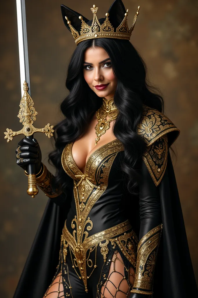 Extremely sexy female wolf dressed in gold and black, with gold jewels all over her body , sexy, black hair, A luxurious crown, And their super sexy clothes are very sexy . Smiling and with a sword in his hand 