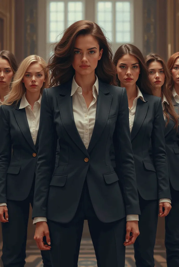 A group of girls wearing suits and angry 