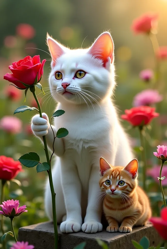 Sure! Imagine a beautiful and magical scene: a white cat with human-like features stands in a vibrant flower garden. In one hand, it holds a red rose, while beside it sits a brown cat that looks like a regular feline. The garden is filled with flowers of v...