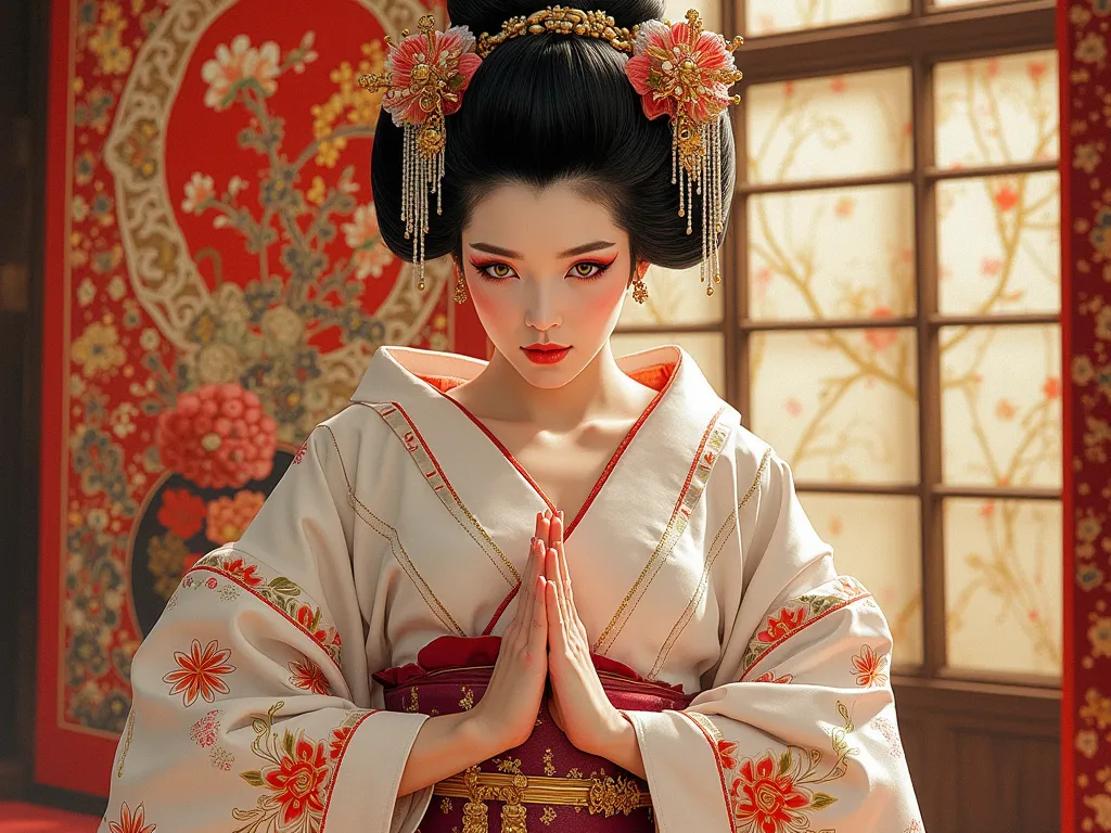 the proportions and detailed textures multicolored brushwork and softened with airbrush, semi-realism ink china illustration A young traditional geisha is shown standing (in a Japanese bowing posture) wearing traditional Japanese clothing, a kimono where w...