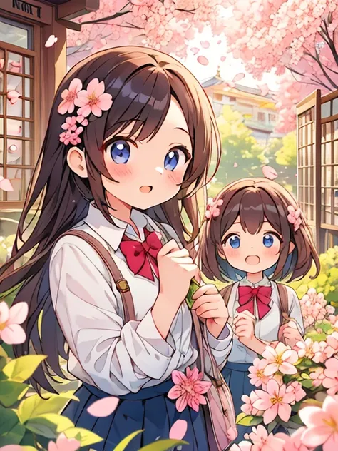 Group photo of cute girls at the elementary school entrance ceremony、Group photo of cute girls、Fluttering cherry blossom petals、high resolution, anatomically correct, top quality, 