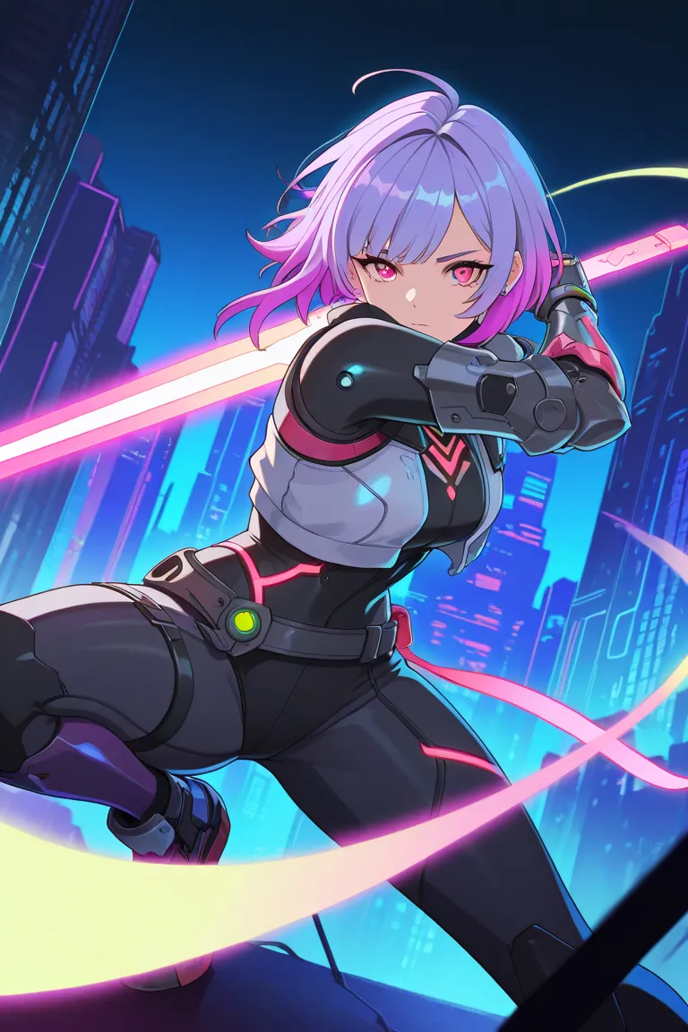 Anime style, futuristic female character, detailed face, long gradient pink-purple hair, glowing pink eyes, cyberpunk outfit with neon accents, asymmetrical top, metallic armor pieces, high-tech gauntlets, dynamic pose with energy sword, neon-lit city back...