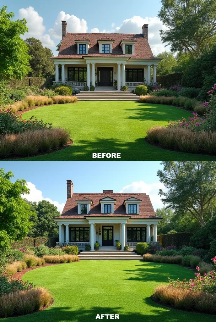 create a realistic image before and after.  before , a garden with a sophisticated house in the background and the garden with dry plants and grass. In the image after, the garden must be green, flowery and an irrigation system watering the garden. A image...