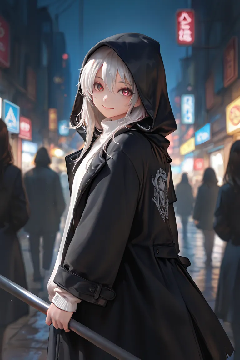 masterpiece, best quality, detailed eyes, semi realistic, 8k, girl, cute, small, sister, pure, oversized black hood coat, black jean, white sweater, short long white gray hair, red eye, midnight city, solo character. looking at viewer, wearing hoodle, hold...