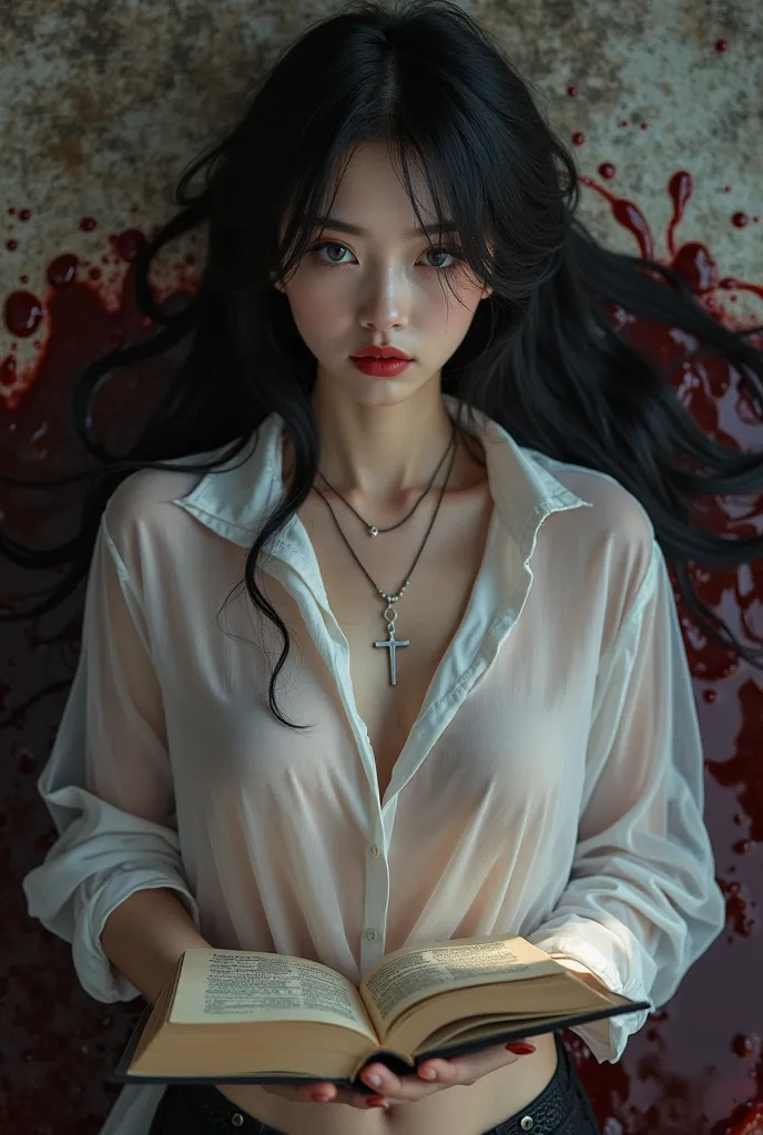 Lane (black straight long hair is behind her, beautiful figure,in a semi-transparent white shirt, Black panties, silver cross necklace,  grey eyes) from the novel", heaven's secret requiem"romance club,lies in bloody water,holds a book of the apocalypse in...