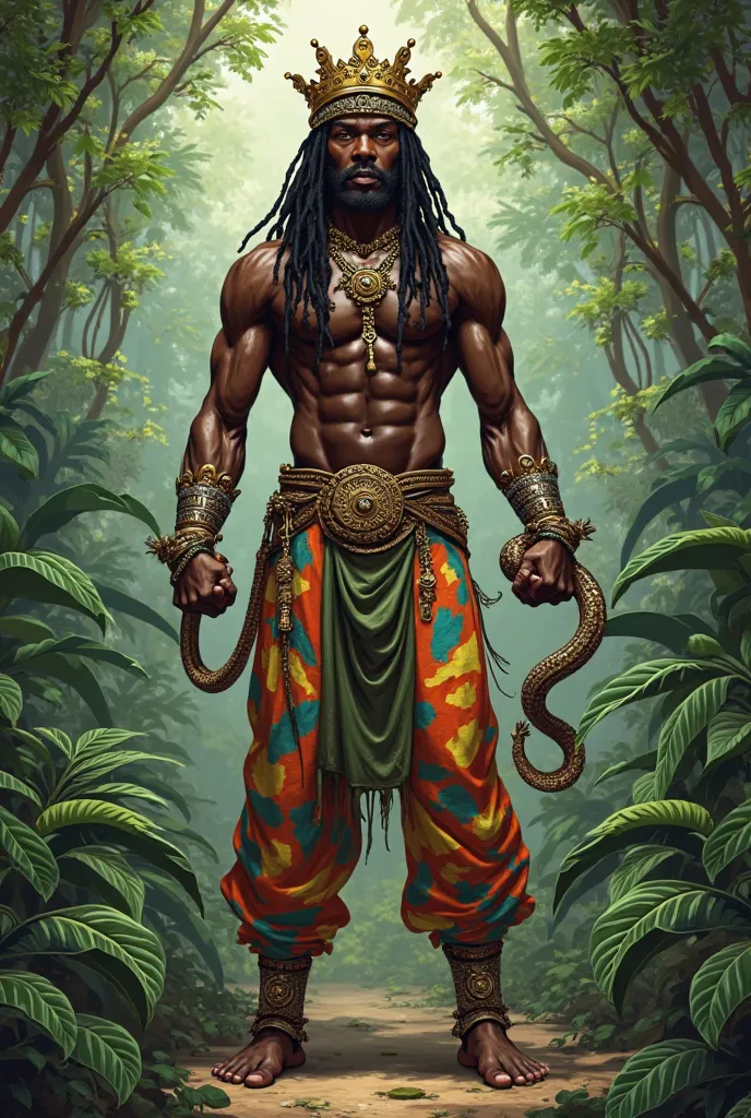 Black Man, low, LONG DREAD HAIR, RAINBOW PANTS,  with a gold crown, WITH A SNAKE NECKLACE, barefoot, IN THE MIDST OF PLANTS, in combat pose, HOLDING A SNAKE IN HER HANDS