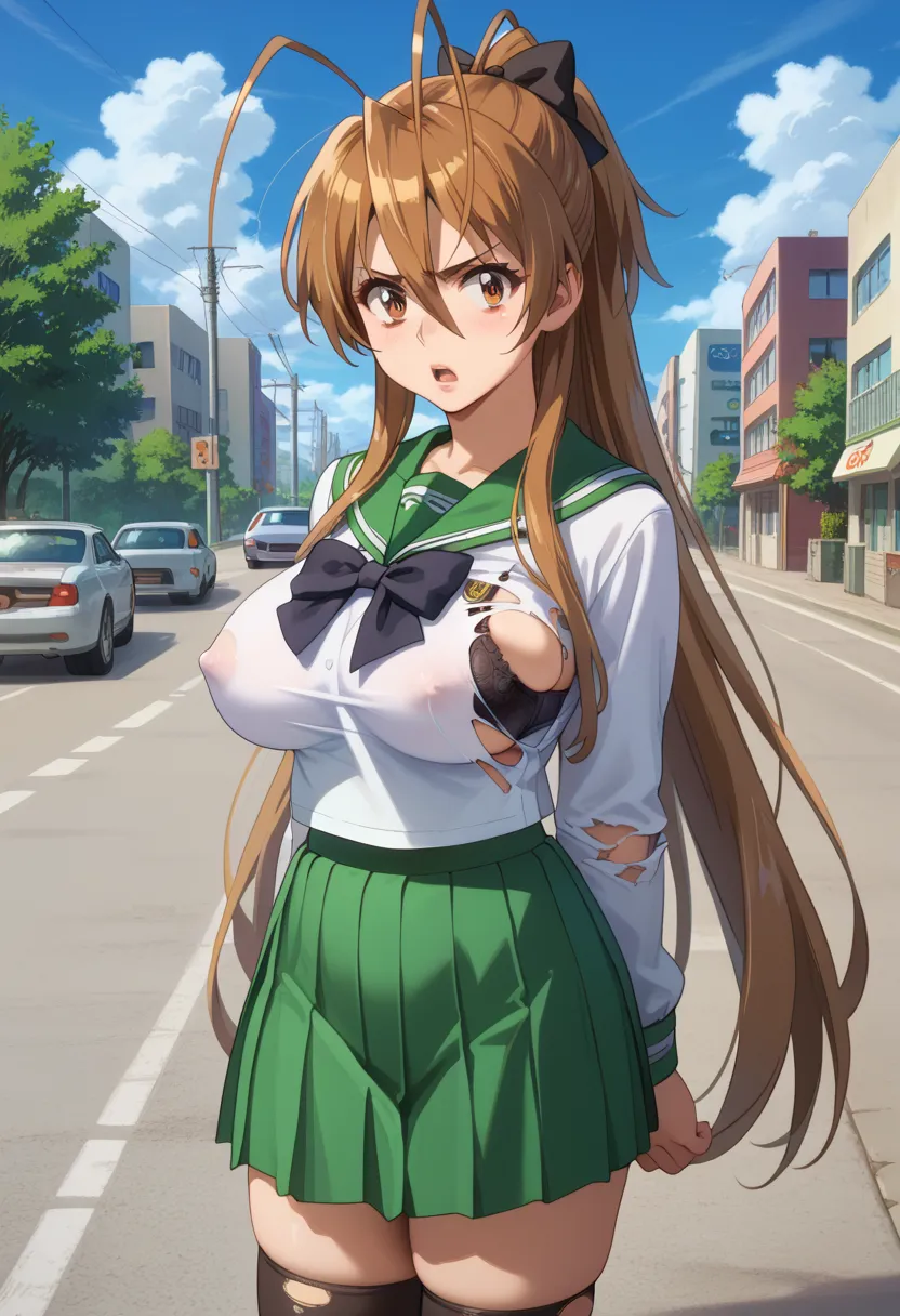 score_9, score_8_up, score_7_up, 1girl, looking at viewer, cowboy shot, 
rei_miyamoto, brown hair, brown eyes, very long hair, antenna hair, hair between eyes, ponytail, school uniform, long sleeves,  green skirt, serafuku, black thighhighs, zettai ryouiki...