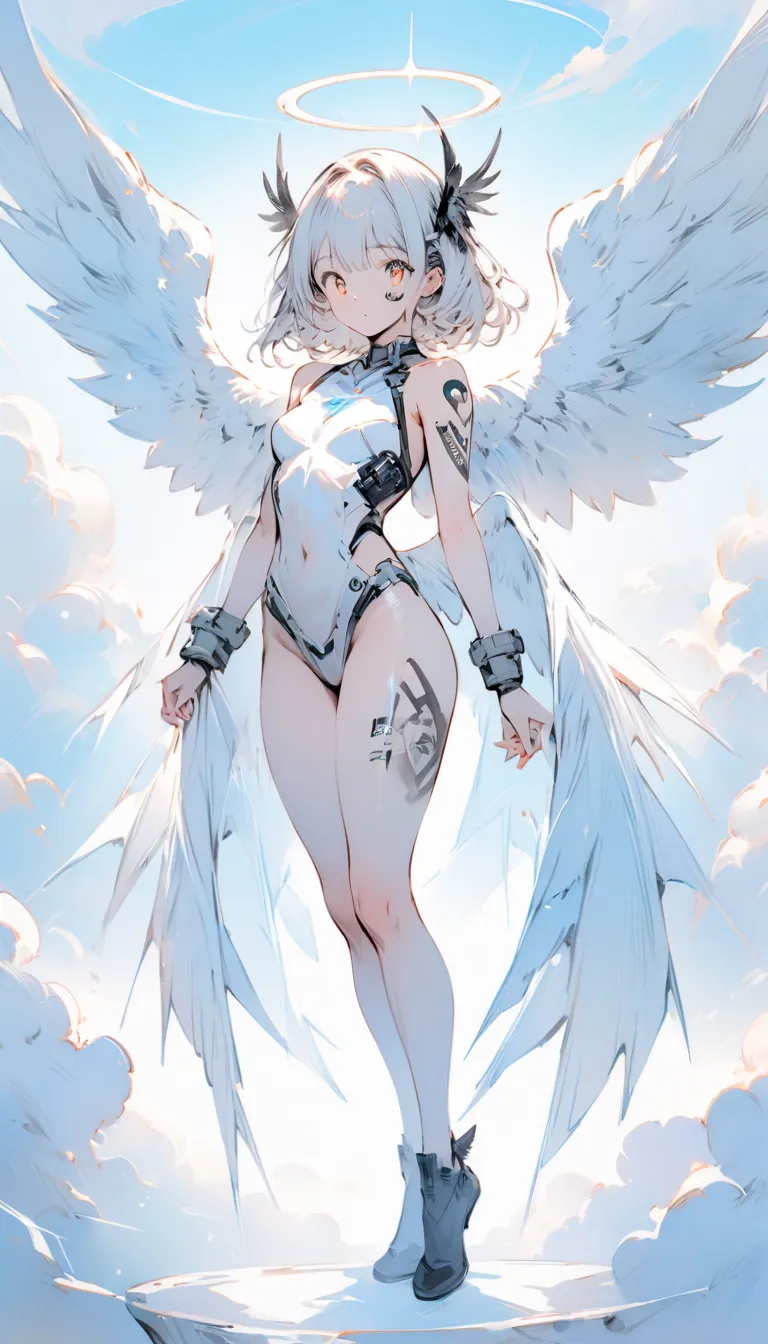 (( masterpiece，Best Quality))，full body，Heaven，Angel，Wings of Steel， ink style，feather，Delicate Facial，full body，Perfect Body Ratio，sparkling eyes，sexy，Tattoo，Extremely beautiful，transparent， cosplay，Game Recorder,  stands,  Honest posture, looking at the ...