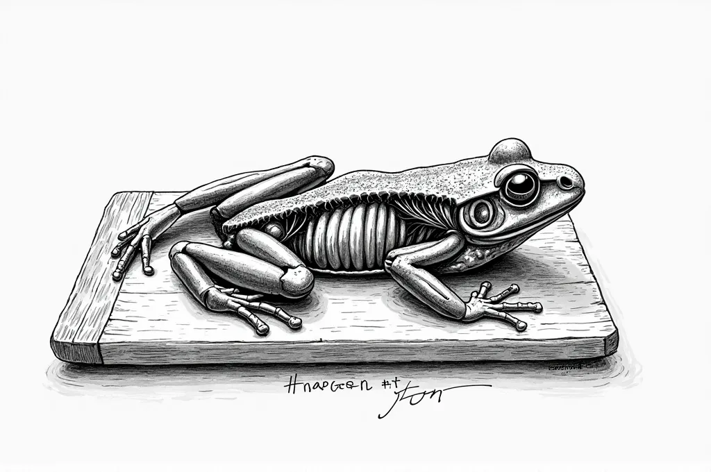 Grenouille disséquée sur une planche. Dessin. Noir et blanc. Traits marqués