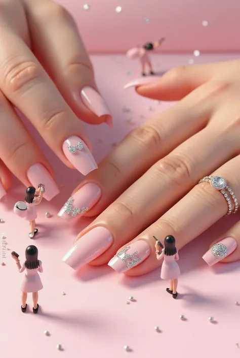 Create a realistic 3D image, a Disney-style close-up of hands with long pink nails with a shiny finish and crystals on the nails and also a pendant with the letter H on one of the nails. On the surface And on the sides there are 3 small female figures Huma...