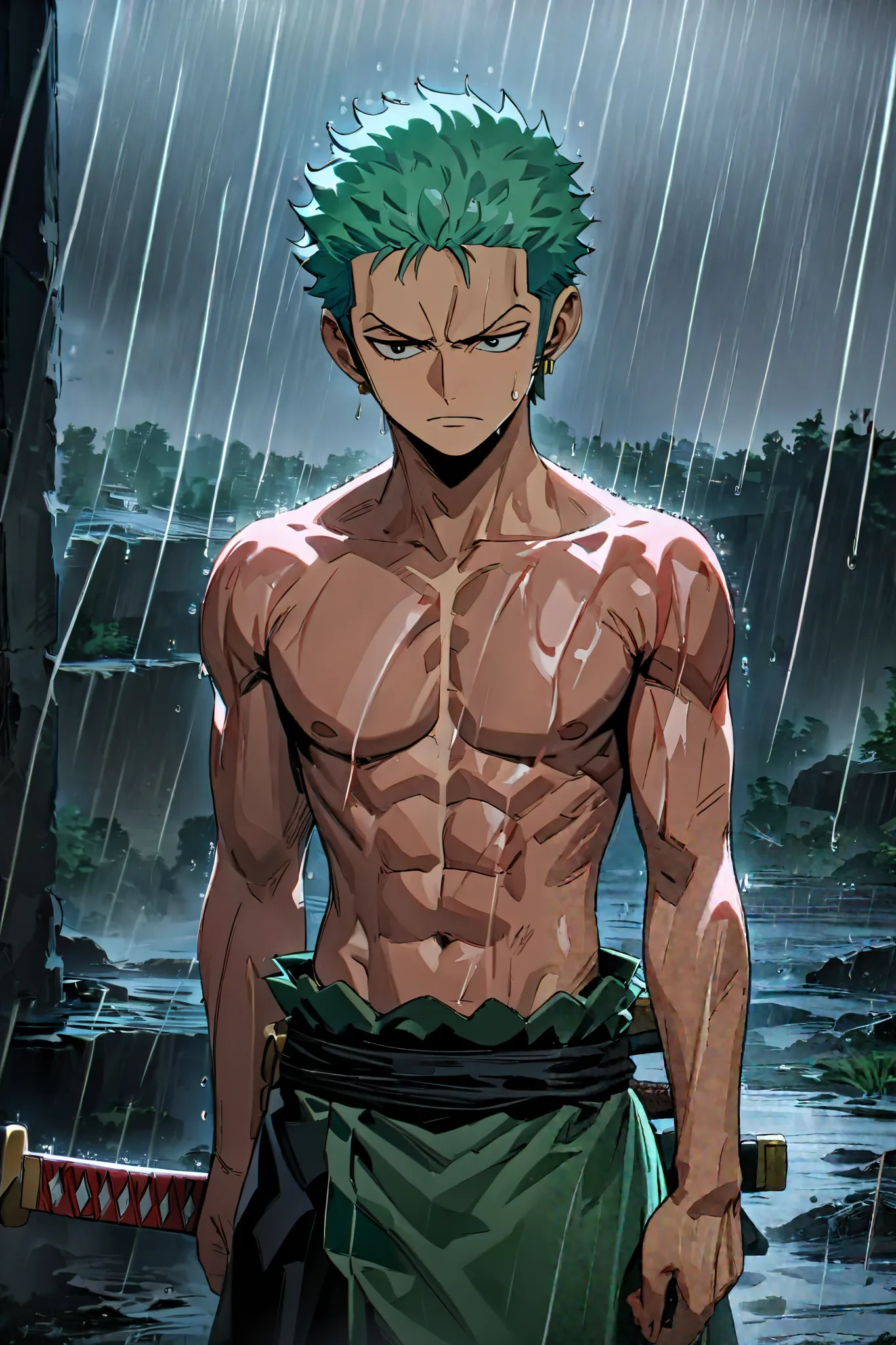 ((masterpiece,best quality)), one piece zoro, three sword man, 8k resolution, hdr, raining, asura mode