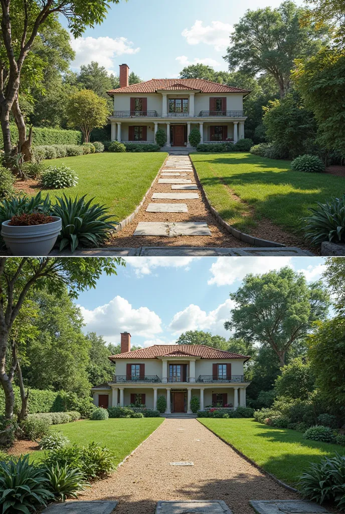 create a realistic image before and after.  before , a garden with a sophisticated house in the background and the garden with dry plants and grass. In the image after, the garden must be green, flowery and an irrigation system watering the garden. A image...