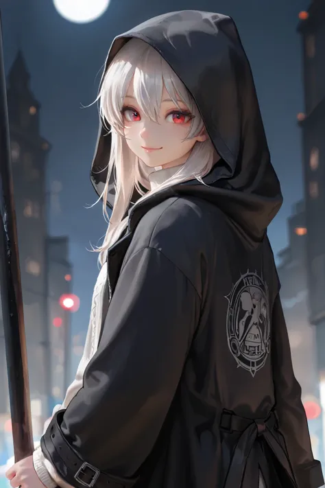 masterpiece, best quality, detailed eyes, semi realistic, 8k, girl, cute, small, sister, pure, oversized black hood coat, black jean, white sweater, short long white gray hair, red eye, midnight city, solo character. looking at viewer, wearing hoodle, hold...