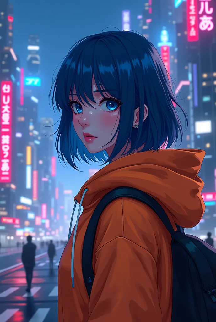 deep blue hair futuristic city night orange hoodie girl anime