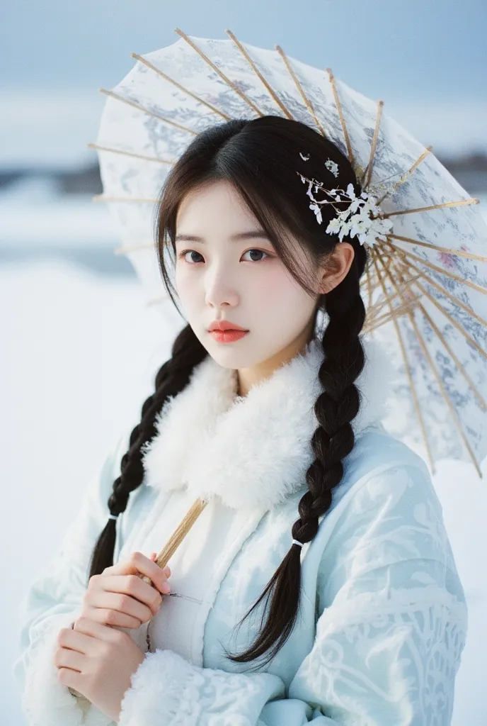 Beautiful white floral floral pattern and decoration,With traditional paper umbrella，Has an elegant winter theme aesthetic,Stands in the freezing cold,Soft diffused natural light，creates a cool and serene mood,Exquisite braided hairstyle，in the ice snow la...