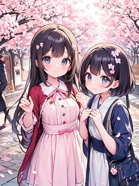 Group photo of cute girls at the elementary school entrance ceremony、Group photo of cute girls、Fluttering cherry blossom petals、high resolution, anatomically correct, top quality, detailed background