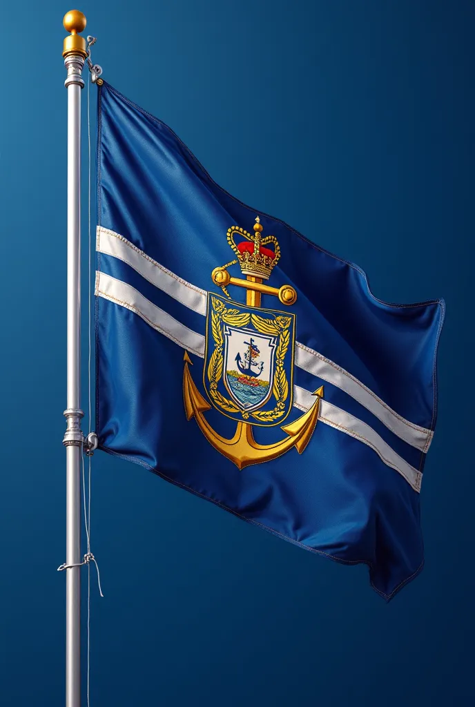 Create a flag of a new country with a maritime military power, And the main color blue, with gold and white details