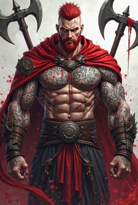 A warrior, ultra-muscular 4K manga character, he has big arms and big pecs, he has big arms and pecs, he has a gradient haircut, he has blood red hair, he has blood red eyes, he has a body covered in Viking tattoos, he has a scar on his right eye, he has a...