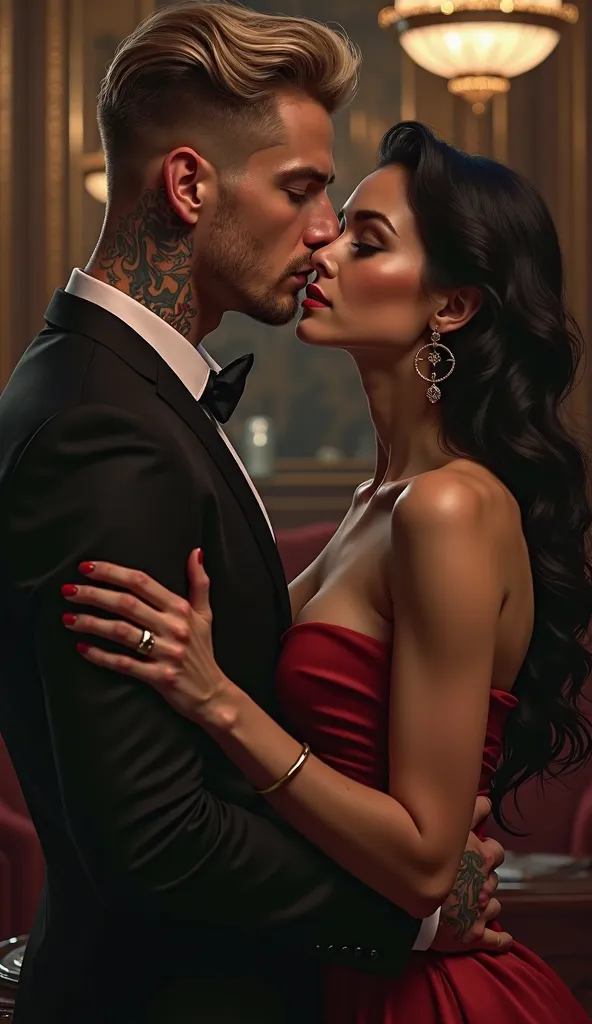 Sexy brunette young woman without tattoo kisses blonde beautiful tattooed man in late twenties hair with classy black mafia suit deep love