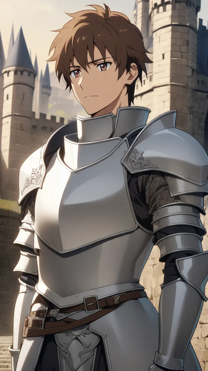 1Man，alone，   male focus   ，   Brown hair   ，  Tall Figure ， Finger Gloves   ，Silver &  White Armor ，Brown eyes，Upper body，Firm Confidence，Castle Background，Medieval Knight, anime style