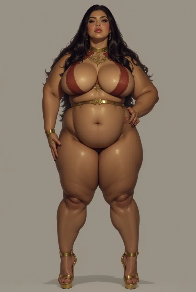 1 woman, black hair, very large breasts cup DD, erect nipples with gold piercings,  caderona, thick legs,  very voluptuous woman, nude, wear a gold chain around the waist, GOLD high heel shoes, JUST LIKE GOLD BRACELETS. standing,  with legs apart,  full fr...