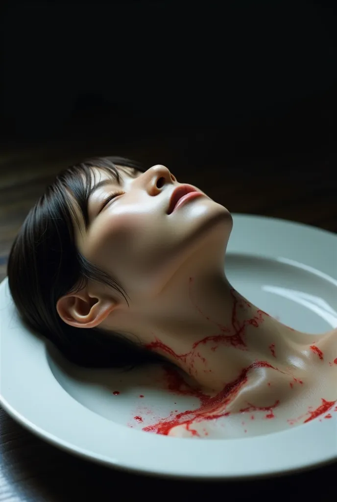   place the head of a decapitated woman , Asia,  Less blood stains   , (( with eyes closed)),   like a dish on a plate  , Bloody,  actual , 4K, Nikon, fear