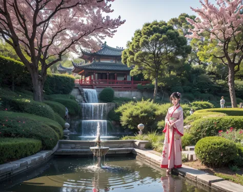 a typical Chinese garden with cherry trees lined up on either side, green lawn, lots of leaves and flowers on the ground, a bridge, a stream, a water fountain, houses with ancient architecture, a Chinese girl wearing traditional costumes with a serene look...