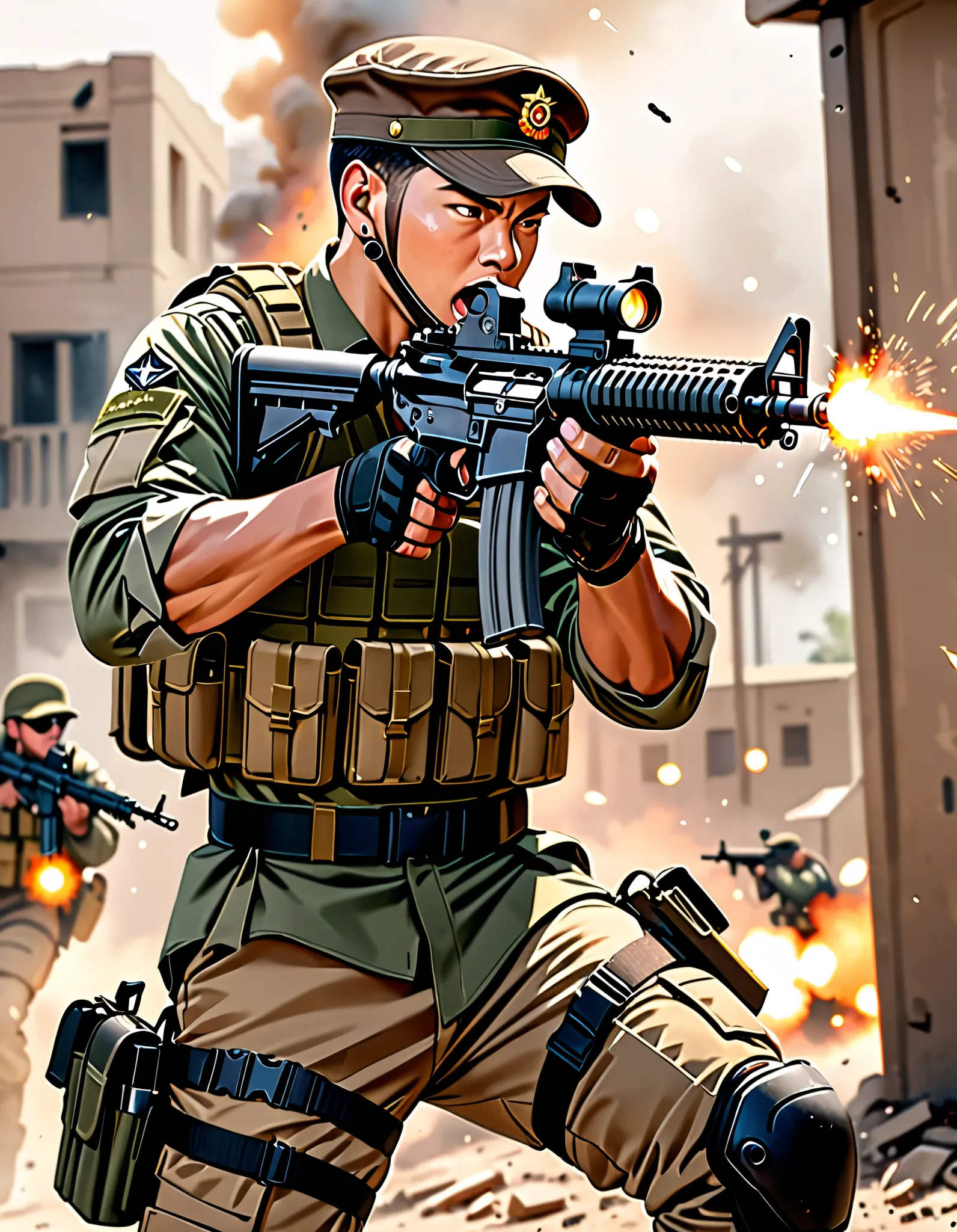 masterpiece, best quality, highres, highly detailed, 1boy, adult male, chinese male, male focus, aiming, assault rifle, belt, depth of field, earrings, firing, gun, handgun, hat, cap, military cap, brown cap, holding gun, holding weapon, holster, holstered...