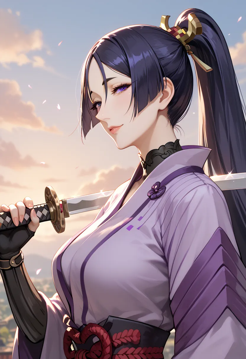 Sexy raikou,purple samurai , purple bodysuit, sword, holding sword, nodachi, long katana, seducing face, giant ponytail, curly ponytail, sky background, Masterpiece, mature woman), tall body, slim, upper body, ultra detailed, highres, absurdres,