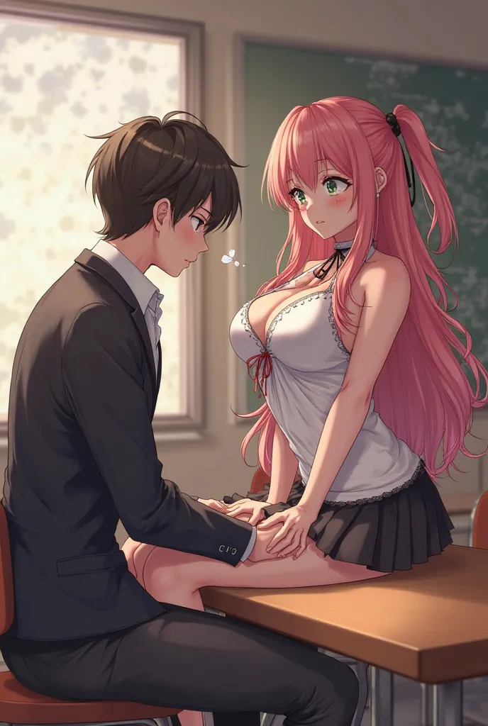 The world's sexiest anime girl teacher dressed in an overly sexy way, having sex with a male teacher in the teachers room.