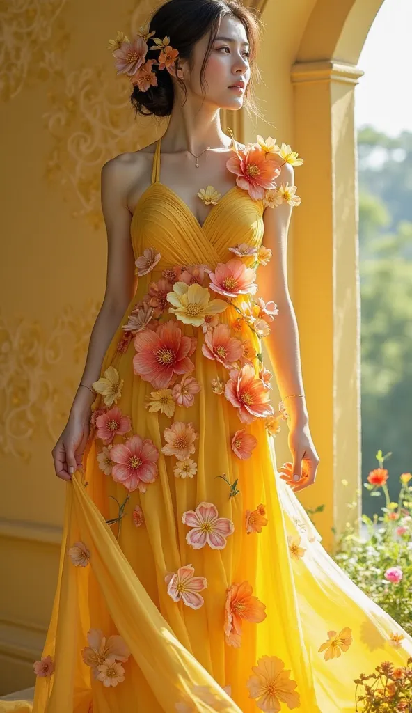 3D Florals –  Butter Yellow
"A stunning spring dress featuring Butter Yellow 3D floral appliqués. Hyper-realistic flowers bloom from the fabric, adding texture and a fresh, garden-inspired feel."