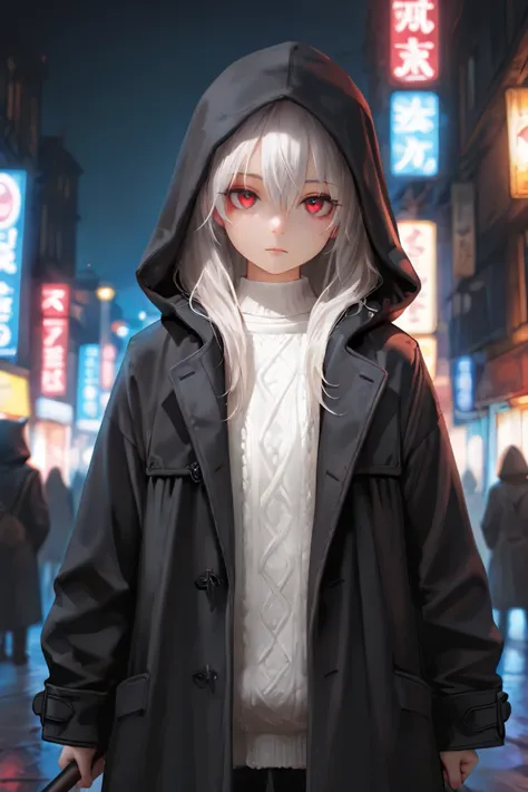masterpiece, best quality, detailed eyes, semi realistic, 8k, girl, cute, small, sister, pure, oversized black hood coat, black jean, white sweater, short long white gray hair, red eye, midnight city, solo character. looking at viewer, wearing hoodle, hold...
