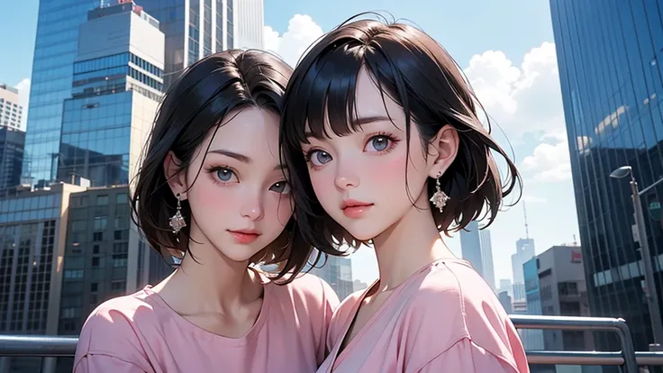 Bright daytime sky　Skyscrapers are illuminated by blue skies、The sky is clear、clouds are shining brightly above the cityscape。A skyscraper with reflective windows captures the city lights。use a bright blue palette for the sky、　女性のface up写真　face up　Front fa...