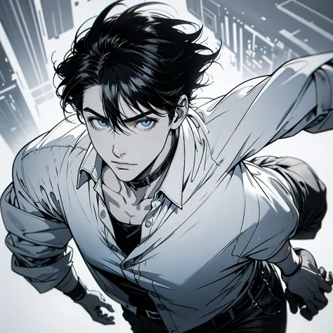 Style: Anime, masculine
Character: A tall, muscular anime man with short black hair
Outfit: Wearing a simple white shirt, slightly open at the collar
Expression: Strong, confident look, sharp eyes
Details: Subtle shading on the muscles and shirt folds, nat...